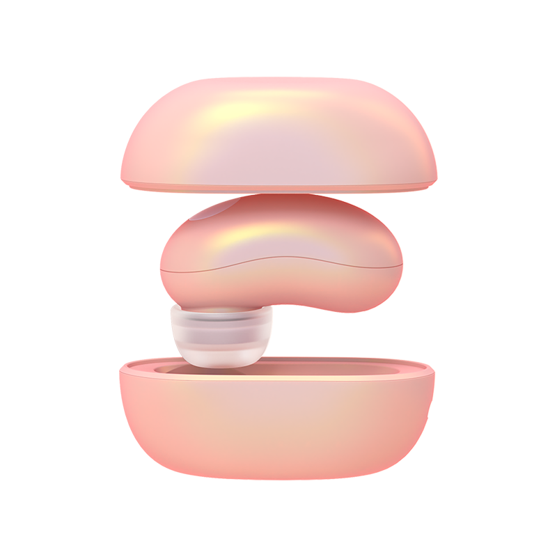 Baby pink clit sucking vibrator inside a charging case on a transparent background