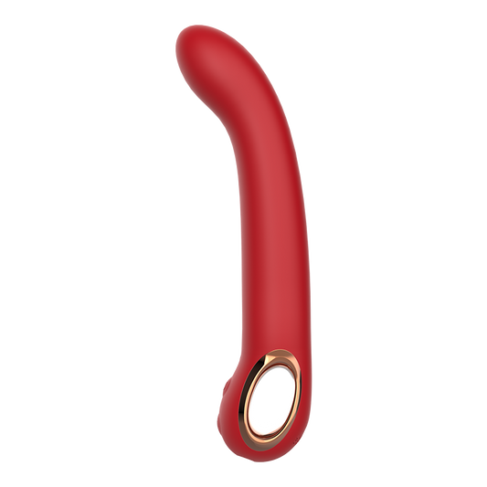 Red curved vibrator with gold accent handle on a white background