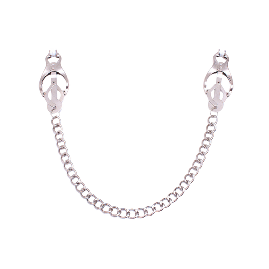 Silver nipple clips connected by a chain on transparent background