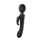 Black handheld wand vibrator and rabbit clitoral stimulator with pink band on a white background