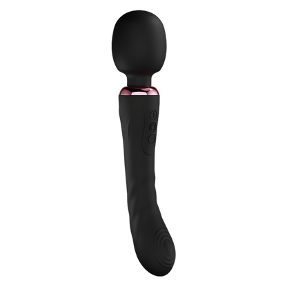 Black handheld wand vibrator or massager with pink band on a white background