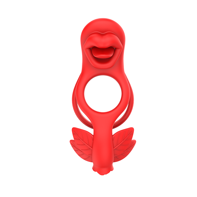 Red silicone couple's vibrator with a cock ring and a clit-stimulator on white background