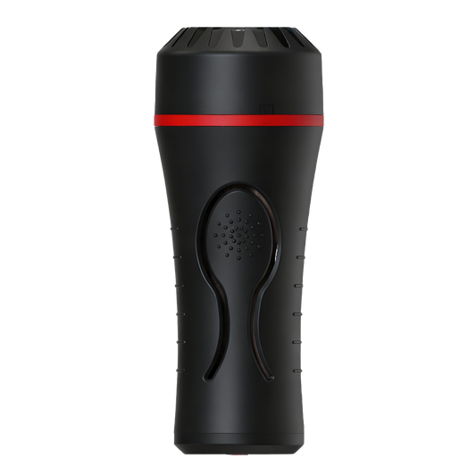 Black handheld flashlight-like male masturbator with a red stripe on a white background