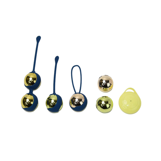 Set of blue and gold kegel balls with a yellow remote control on a transparent background
