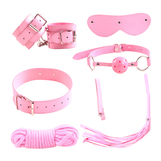 Collection of pink bondage accessories including a collar, leash, and blindfold on a white background.