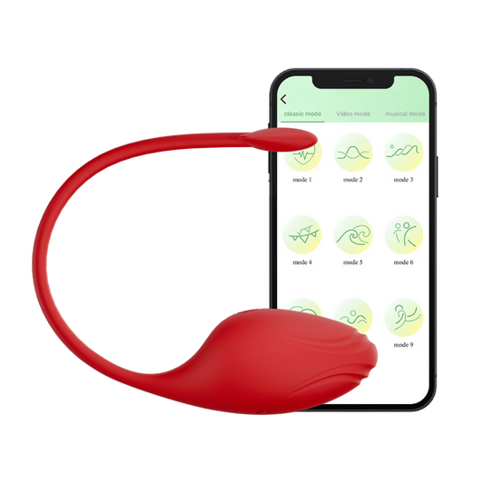 Red egg-like dual vibrator with a smartphone displaying app interface on a white background